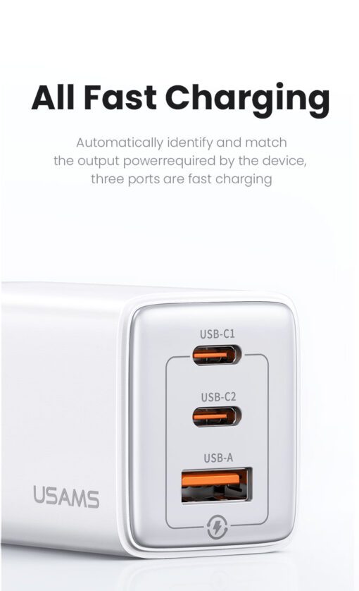 Usams 65W ACC 3 Ports GaN High Power, Fast Charge PD 2 USB C + USB A - Image 6