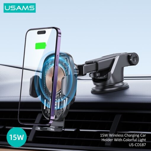 Usams 15W Wireless Charging Car Holder With Colorful Light - Image 2