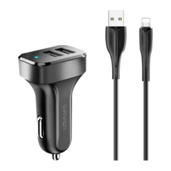 Usams iPhone Car Charger with dual USB 2.1A port and lightning cable.