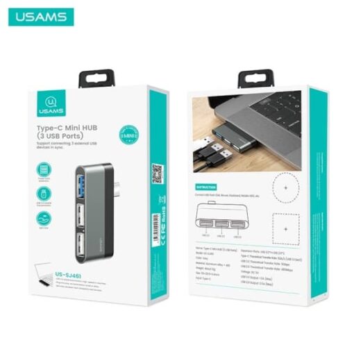 USAMS US-SJ461 MacBook Type-C Mini HUB 3 USB Ports Grey - Image 4