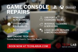 Promo banner for game console repairs at Tech Lab with services list