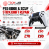 PS5 DualSense Edge and SCUF controller stick drift repair with standard joystick replacement or TMR upgrade at Tech Lab